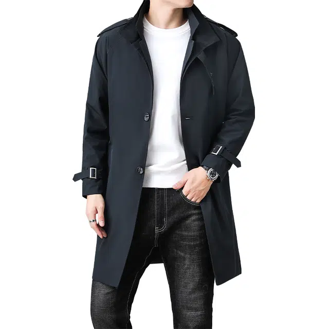 卡丹狄诺 中长款双翻领男士秋季夹克外套男极简风时尚户外休闲纯色纽扣风衣 男款