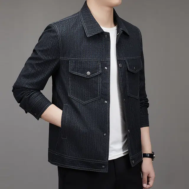 卡丹狄诺 潮流时尚痞帅年轻款翻领皮夹克外套男单排扣铆钉挺括有型轻奢高级感条纹休闲皮衣 男款