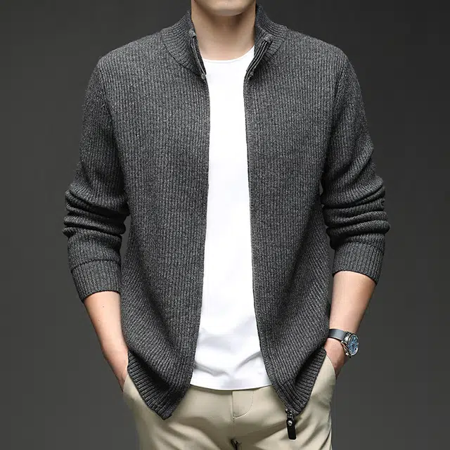 卡丹狄诺 山羊绒绵羊毛混纺男士秋冬保暖加厚立领拉链开衫男专柜品质亲肤软糯针织羊毛衫外套男毛衣 男款