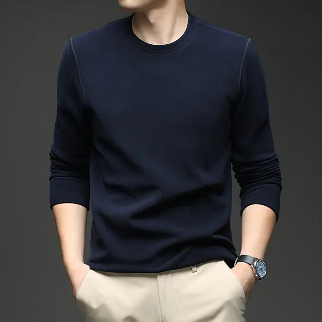 卡丹狄诺 含桑蚕丝莱赛尔纯色亲肤舒适高弹百搭休闲打底衫男秋冬季绒感保暖软糯抗皱抗静电长袖圆领卫衣 男款