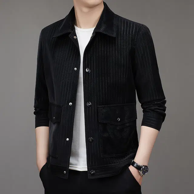 卡丹狄诺 潮流时尚痞帅年轻款条纹翻领皮夹克外套男单排扣铆钉挺括有型轻奢高级感皮衣 男款