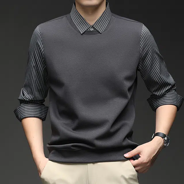 卡丹狄诺 长绒棉秋季衬衫领假两件打底衫男休闲百搭舒适透气卫衣男轻奢秋冬季长袖圆领针织衫 男款