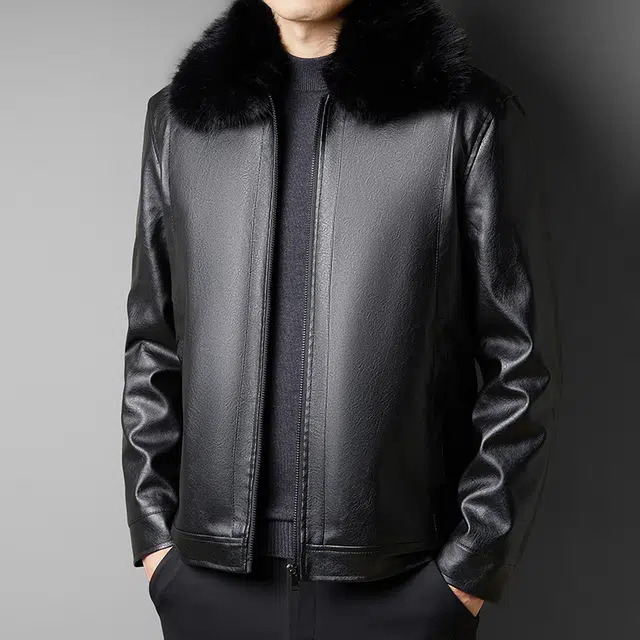 卡丹狄诺 翻领毛领中年皮夹克男驼绒填充石墨烯蓄温棉服皮衣外套 男款