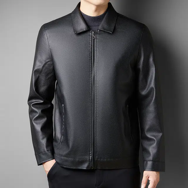 卡丹狄诺 男士荔枝纹翻领皮夹克男秋冬季经典时尚外套男休闲中年行政商务防风保暖皮衣 男款
