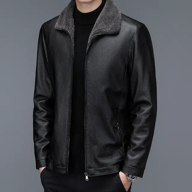 卡丹狄诺 加绒加厚翻领中年皮夹克男冬季保暖舒适商务休闲外套男皮衣 男款