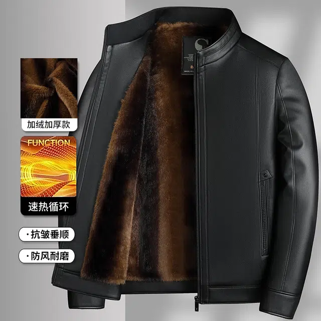 卡丹狄诺 加绒加厚秋冬季皮茄克男中老年防寒保暖舒适夹克外套男商务休闲立领皮衣 男款