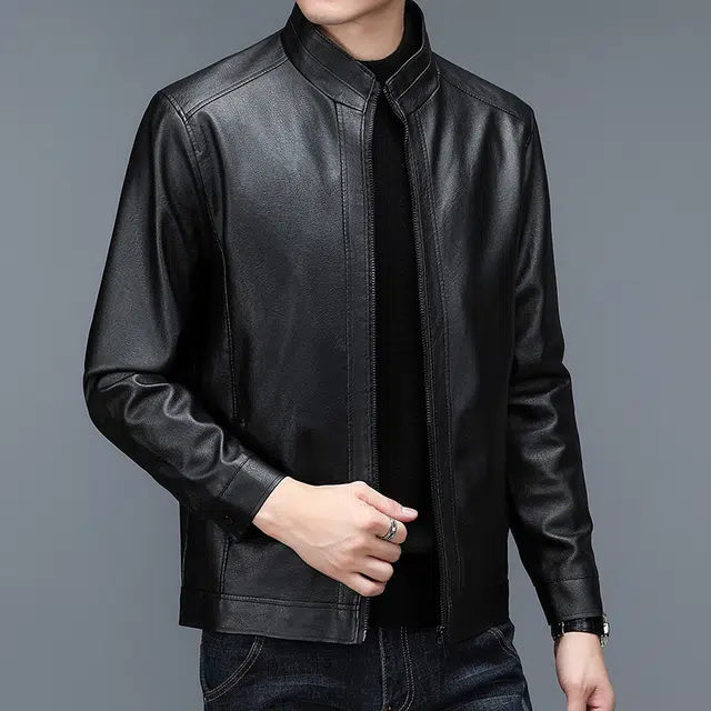 秋冬季经典立领时尚休闲薄款中年机车皮夹克皮衣 男女同款