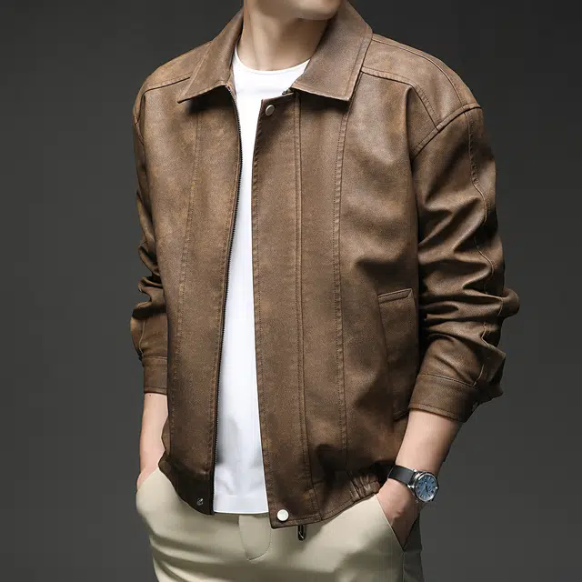 卡丹狄诺 美式巴恩风复古高街机车风做旧美拉德色系高级感简约百搭户外宽松休闲皮衣夹克外套 男款