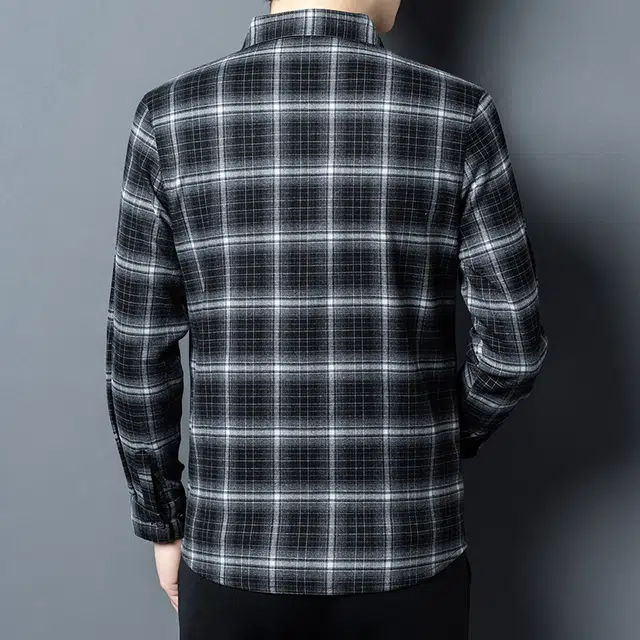 卡丹狄诺 磨毛刺绣格子男士长袖秋冬季休闲纯色百搭款衬衫 男款