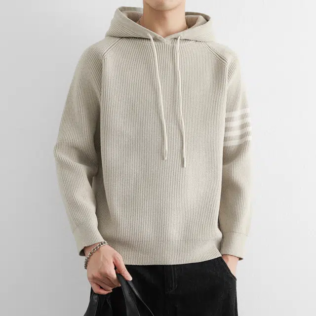 卡丹狄诺 文艺复古温暖舒适软糯秋冬季保暖男士条纹时尚连帽百搭卫衣外套慵懒风针织衫 男款