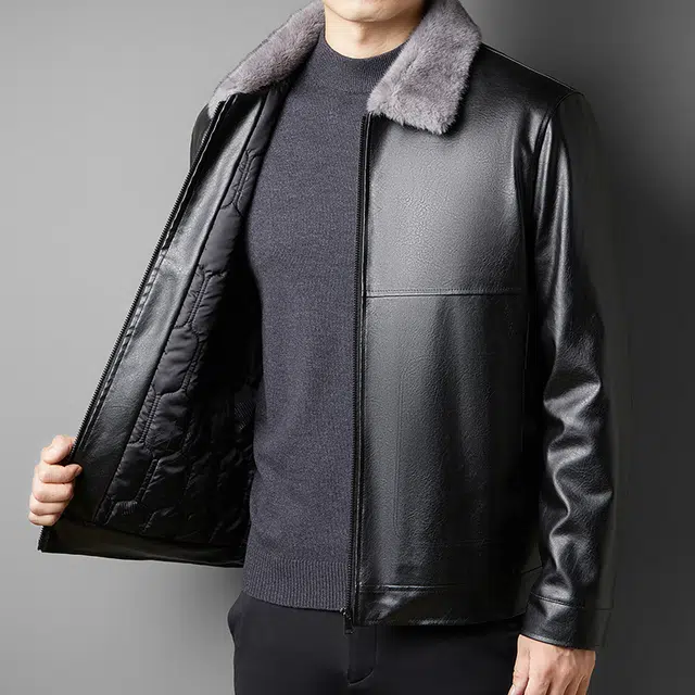 卡丹狄诺 翻领毛领中年皮夹克男驼绒填充黑金石墨烯蓄温棉服外套皮衣 男款