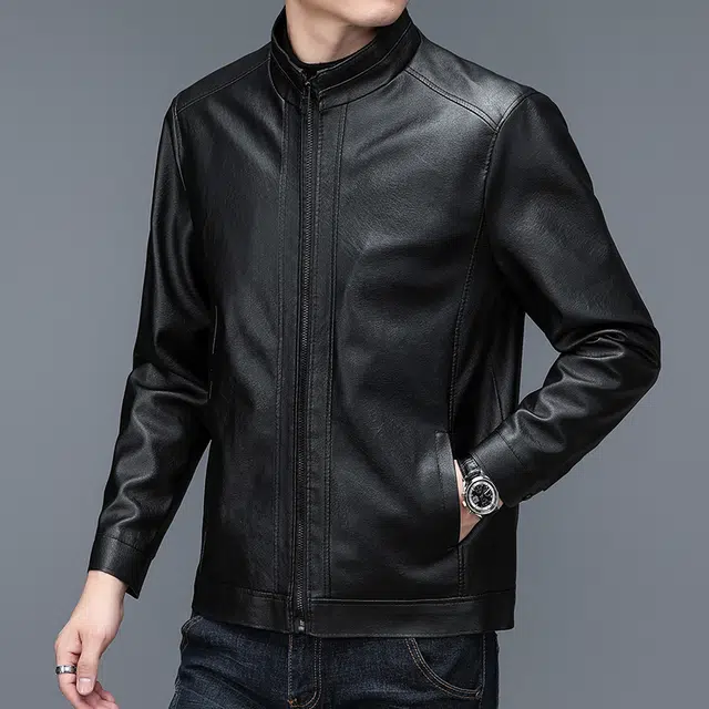 秋冬季经典立领时尚休闲薄款中年机车皮夹克皮衣 男女同款