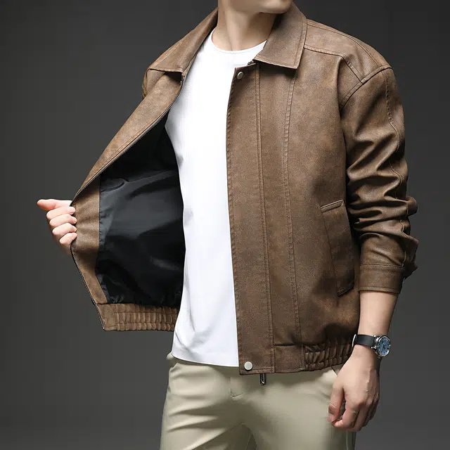 卡丹狄诺 美式巴恩风复古高街机车风做旧美拉德色系高级感简约百搭户外宽松休闲皮衣夹克外套 男款