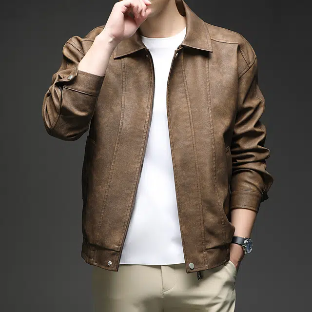 卡丹狄诺 美式巴恩风复古高街机车风做旧美拉德色系高级感简约百搭户外宽松休闲皮衣夹克外套 男款