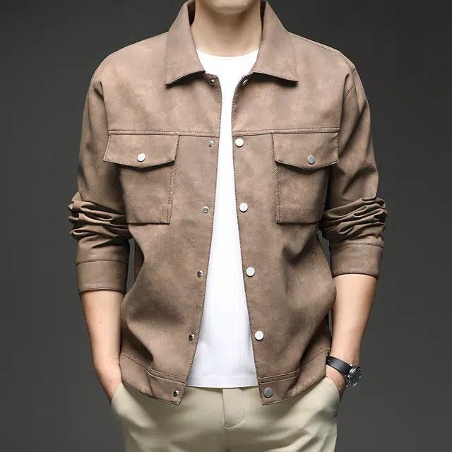 卡丹狄诺 个性混色纹理感时尚百搭翻领单排扣皮衣夹克外套 男款