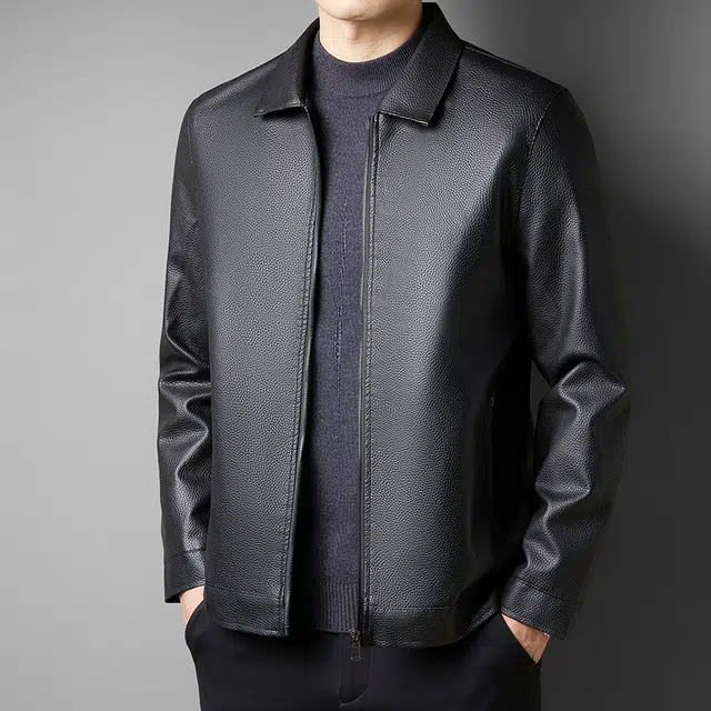 卡丹狄诺 男士荔枝纹翻领皮夹克男秋冬季经典时尚外套男休闲中年行政商务防风保暖皮衣 男款