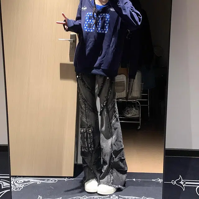 寻星记 美式复古亚文化高街风多口袋微喇春秋痞帅百搭长裤牛仔裤 男女同款