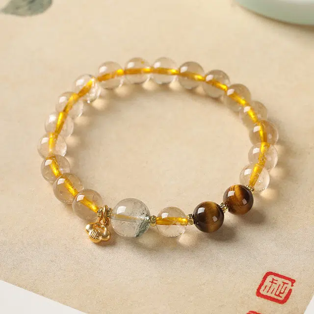茂琼 招财 暴富 如意锁时尚新中式念珠饰品#好运 黄发晶 手串 男女同款情侣款