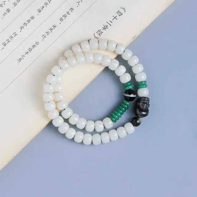 茂琼 新中式国潮古风文玩手链多圈盘玩佛珠手持黑曜石貔貅配饰招财好运复古精致高级文玩盘玩念珠手链 白玉菩提 手串 男女同款情侣款