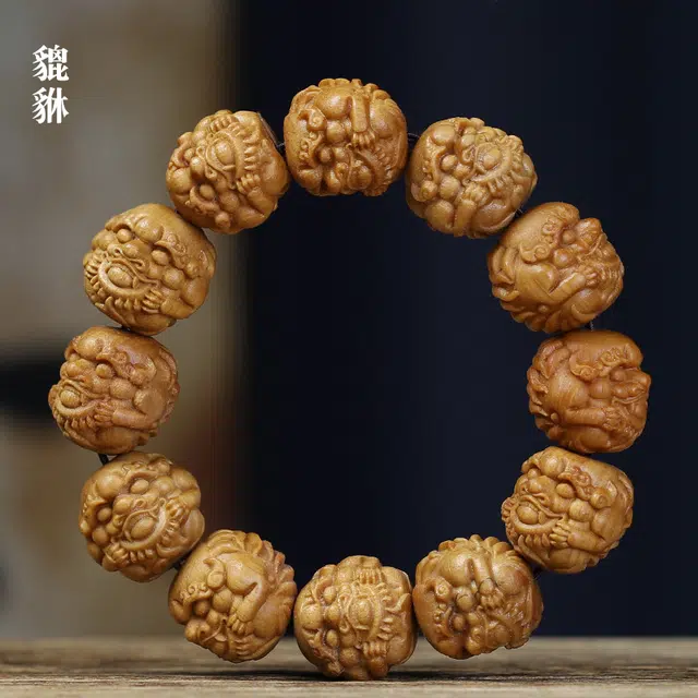 茂琼 典雅 时尚 复古经典双面雕刻貔貅木质佛珠文玩佛珠简约精致饰品 檀木 手串 男女同款情侣款