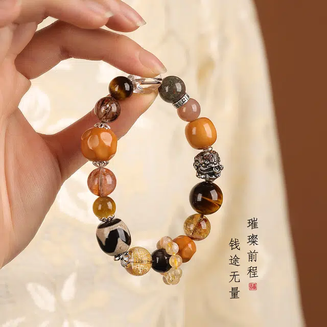 茂琼 简约 时尚 藏式三眼珠金发晶吞金兽虎眼石小众百搭高级感#好运 超七 手串 男女同款情侣款