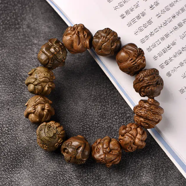 茂琼 简约 好运 时尚国潮犀角十二生肖佛珠文玩雕刻念珠高级感 绿檀 手串 男款