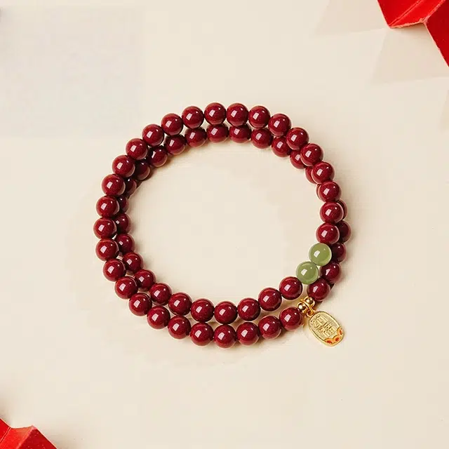 茂琼 鸿运来财柿柿如意万事顺遂中式国潮复古简约小众设计高级文玩红色本命年时尚百搭念珠转运珠#好运 朱砂 手串 女款