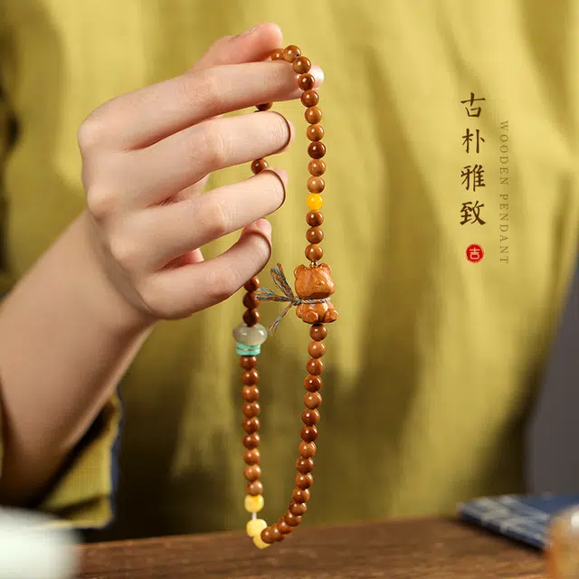 茂琼 好运连连 招财转运 新中式高抛双圈檀香木雕刻小熊文玩时尚文艺手饰 库克 手串 男女同款情侣款