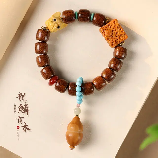 茂琼 满龙鳞桶珠檀香雕刻日月星辰文玩单圈盘玩#好运 贡木 手串 男女同款情侣款