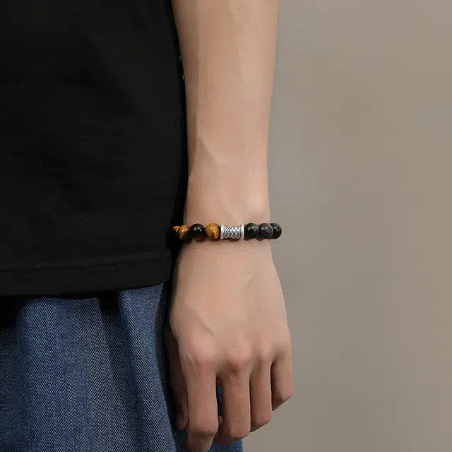 茂琼 财源广进 平平安安 复古潮酷串珠手饰品 黑曜石 手串 男款