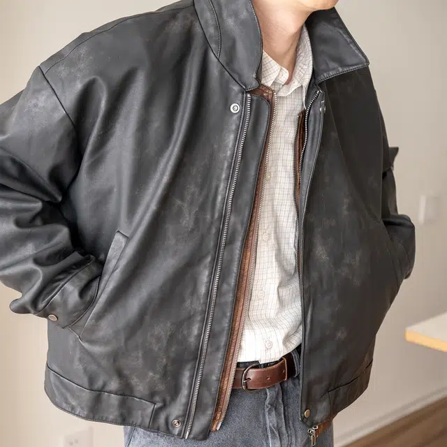 几立 式复古日常通勤休闲百搭情侣翻领宽松皮衣夹克 男女同款
