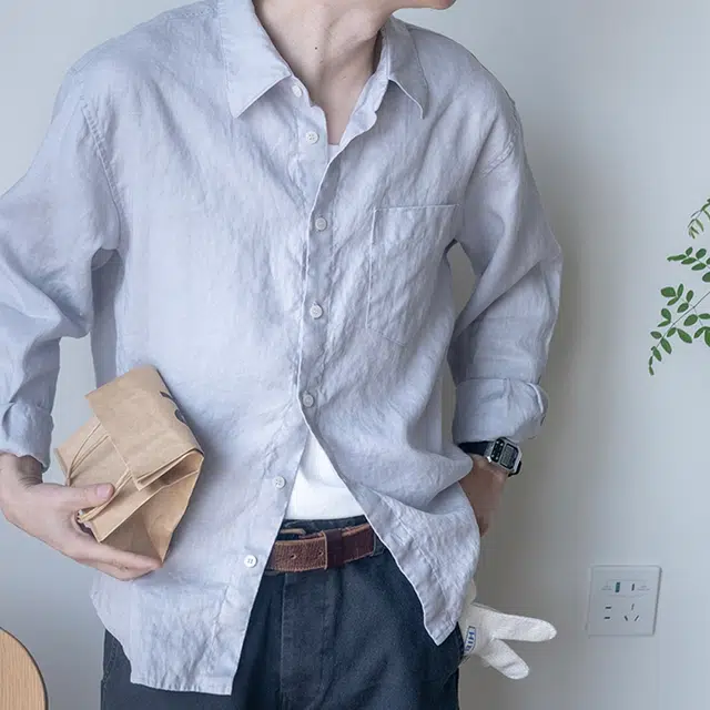 几立 低饱和度纯亚麻简约长袖衬衫 男女同款