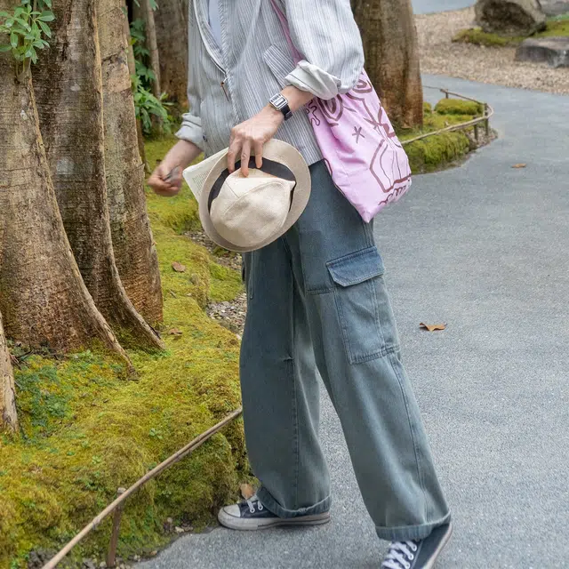 几立 美式复古日常通勤水洗做旧菠萝纹大口袋宽松直筒工装牛仔裤 男女同款