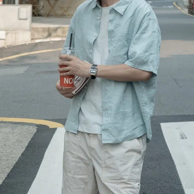 几立 亚麻微皱宽松纯色短袖翻领衬衫 男女同款