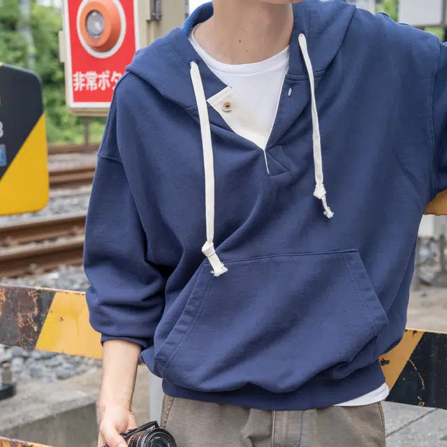 几立  美式复古重磅日常通勤异形扣半开襟纯棉毛圈布百搭情侣连帽卫衣 男女同款