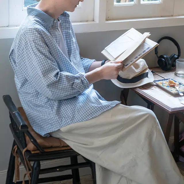 几立 牛仔领子拼接格子宽松型长袖衬衫 男女同款