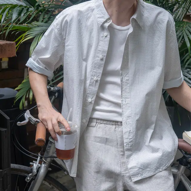 几立 夏季 袖口拼接格子短袖翻领宽松型衬衫 男女同款
