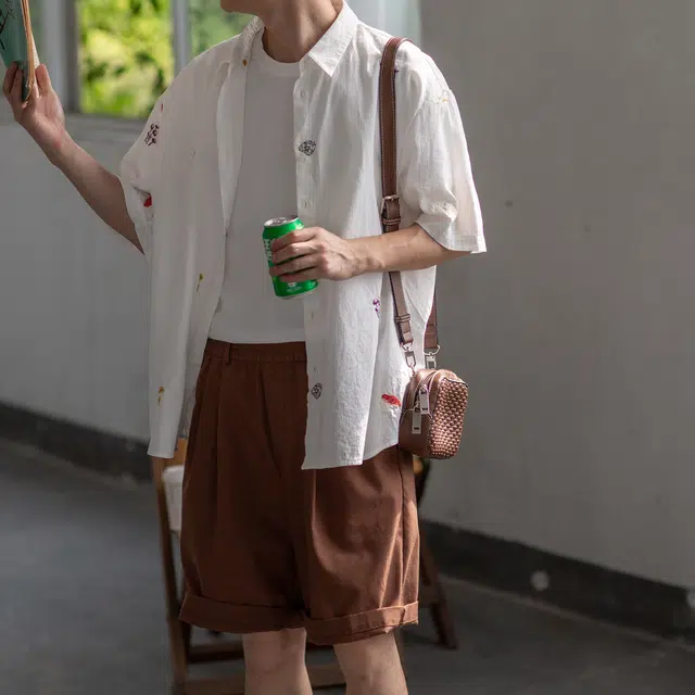 几立 蘑菇刺绣宽松短袖植物花卉方领衬衫 男女同款