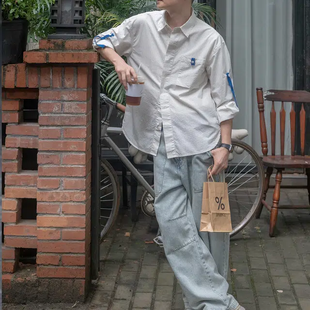 几立 四季 撞色复古条纹长袖衬衫 男女同款