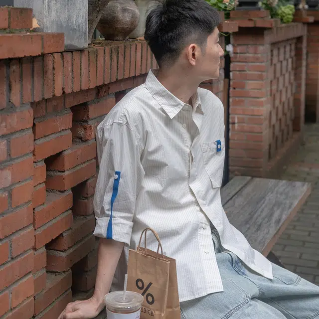 几立 四季 撞色复古条纹长袖衬衫 男女同款