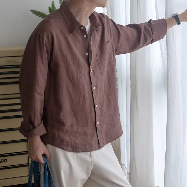 几立 日系情侣低饱和度纯亚麻轻薄透气宽松情侣款翻领简约长袖衬衫 男女同款