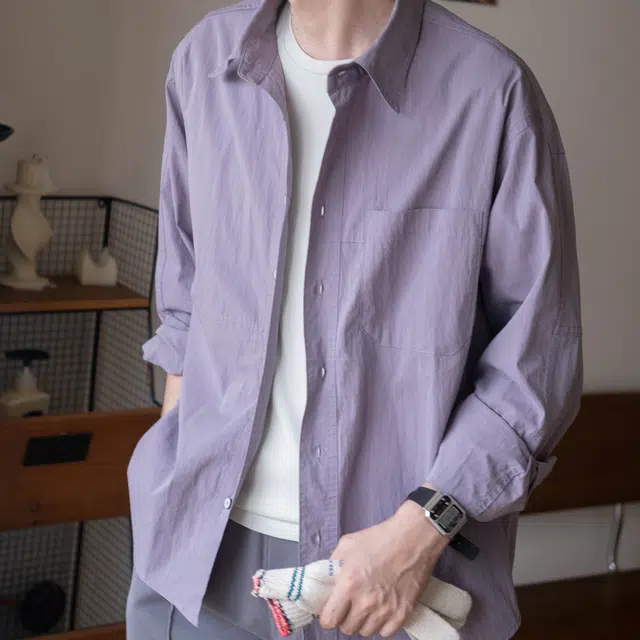 几立 校园风休闲百搭亲肤透气双色锦棉混纺分割设计情侣长袖衬衫 男女同款