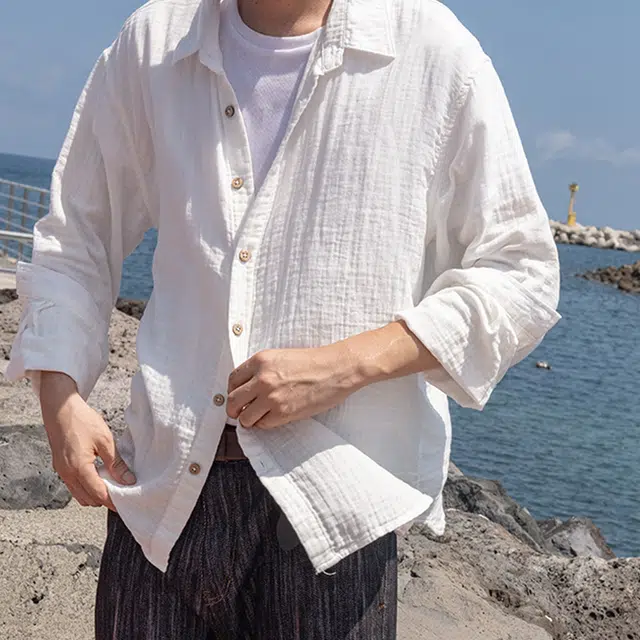 几立 翻领纯色纽扣文艺长袖衬衫 男女同款