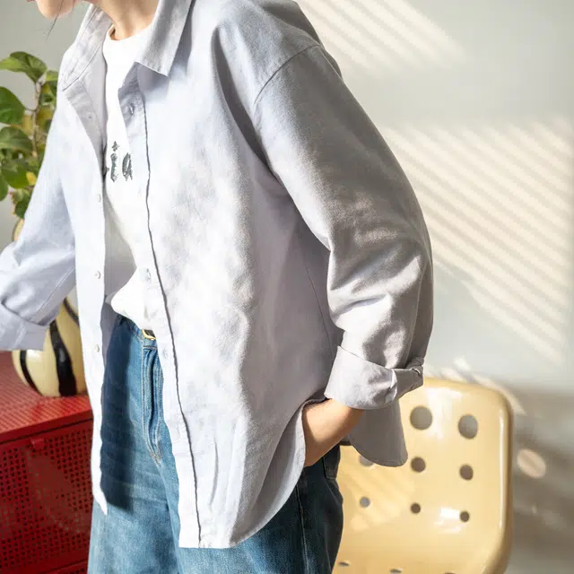 几立 纯棉百搭磨毛纯色长袖方领标准衬衫 男女同款