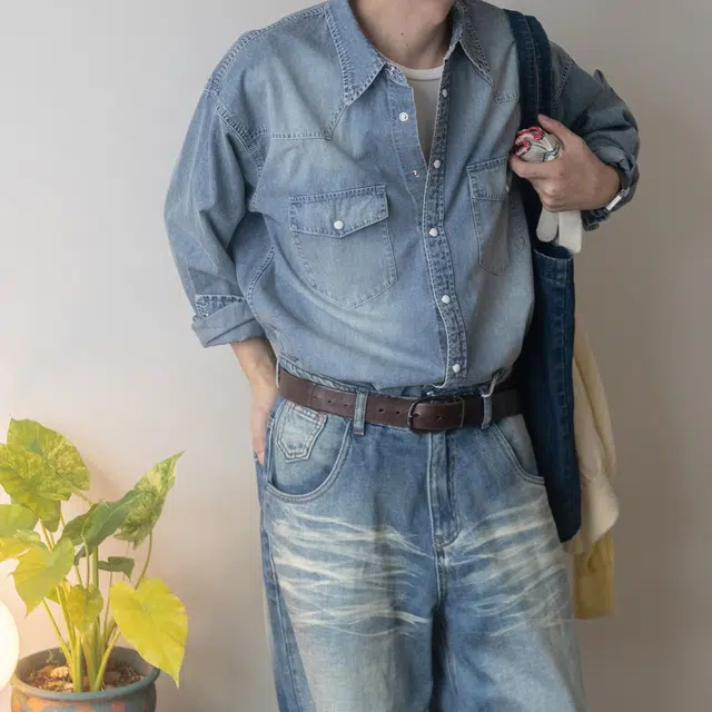 几立 美式复古水洗做旧日常通勤情侣百搭大口袋牛仔长袖翻领衬衫 男女同款