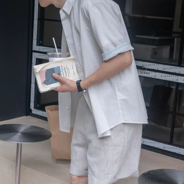 几立 夏季 袖口拼接格子短袖翻领宽松型衬衫 男女同款