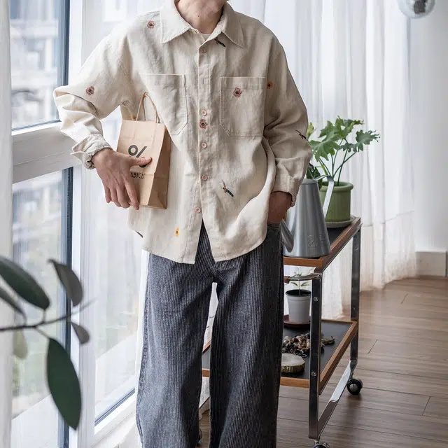 几立 灯芯绒长袖复古纯色方领宽松型衬衫 男女同款