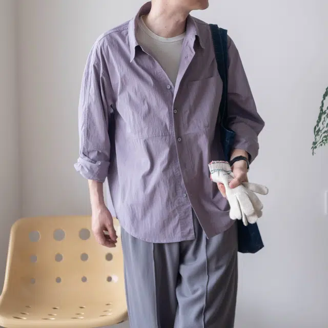 几立 校园风休闲百搭亲肤透气双色锦棉混纺分割设计情侣长袖衬衫 男女同款
