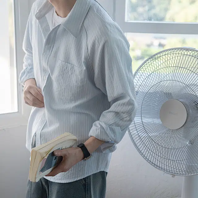 几立 时尚百搭潮流宽松翻领条纹长袖衬衫 男女同款