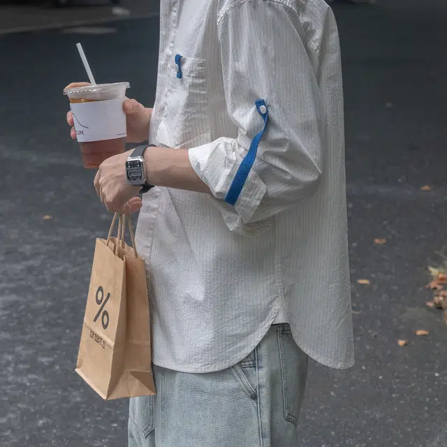 几立 四季 撞色复古条纹长袖衬衫 男女同款